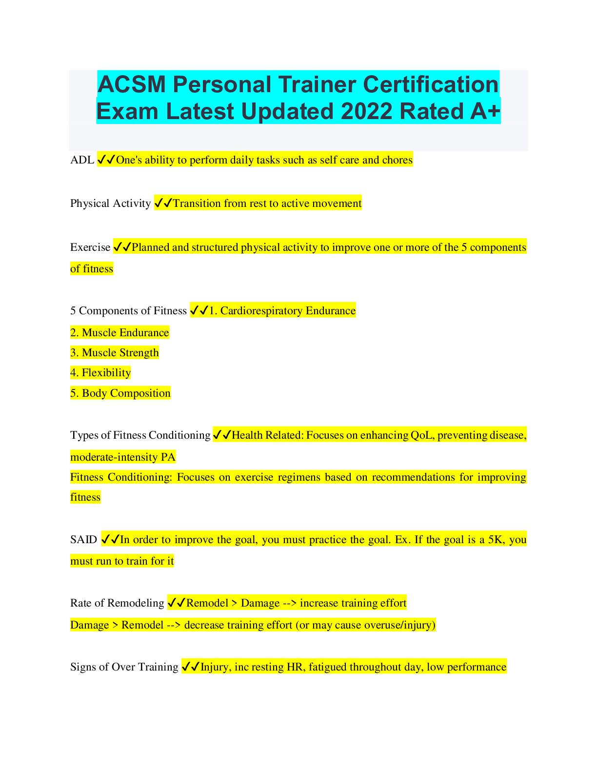 ACSM Personal Trainer Certification Exam Latest Updated 2022 Rated A+